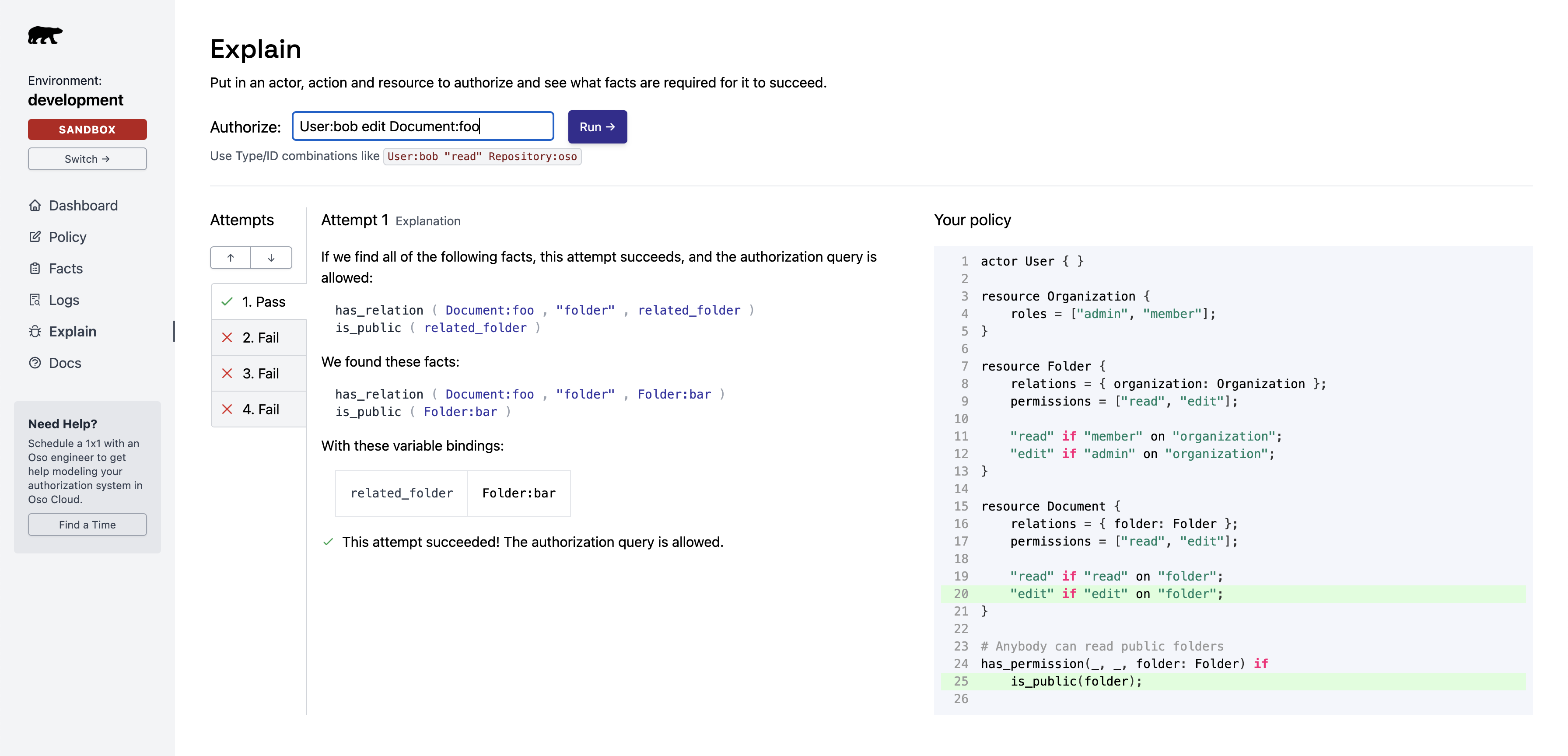 Explain page in Oso Cloud dashboard